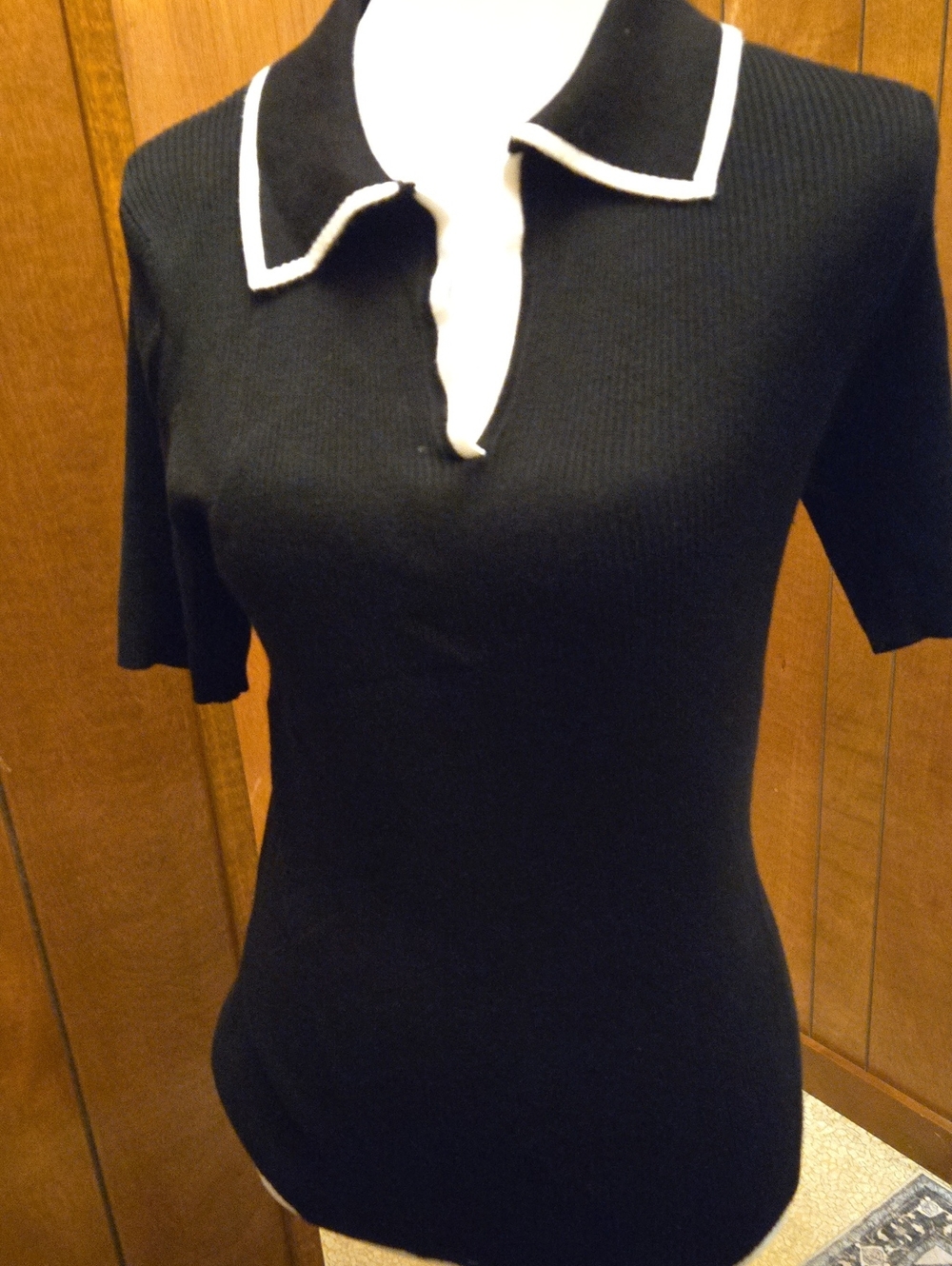 Women's Black Short-Sleeve Polo Top with White Contrast Trim